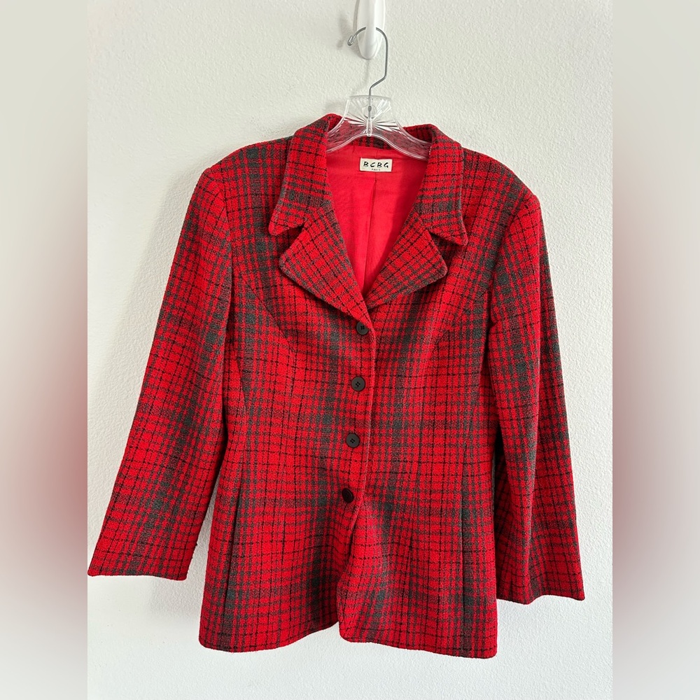 BCBG Vintage Wool Blend Plaid Red Blazer‎ Size: 8